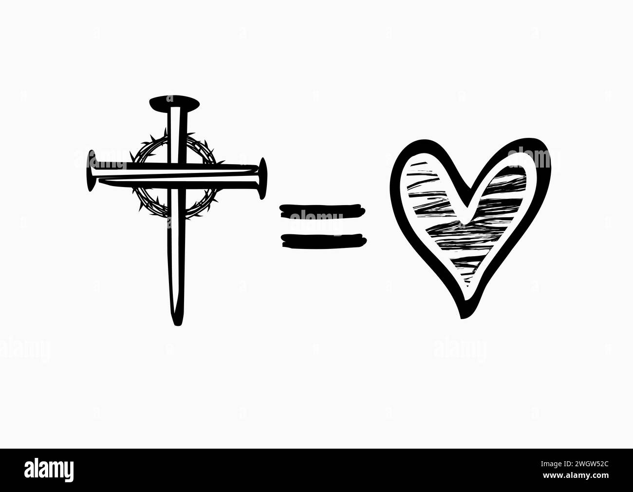 Dio è amore, croce equivale ai simboli del cuore. T-shirt della domenica di Pasqua - croce di chiodi con corona di spine e cuore in stile grunge. Illustrazione vettoriale Illustrazione Vettoriale