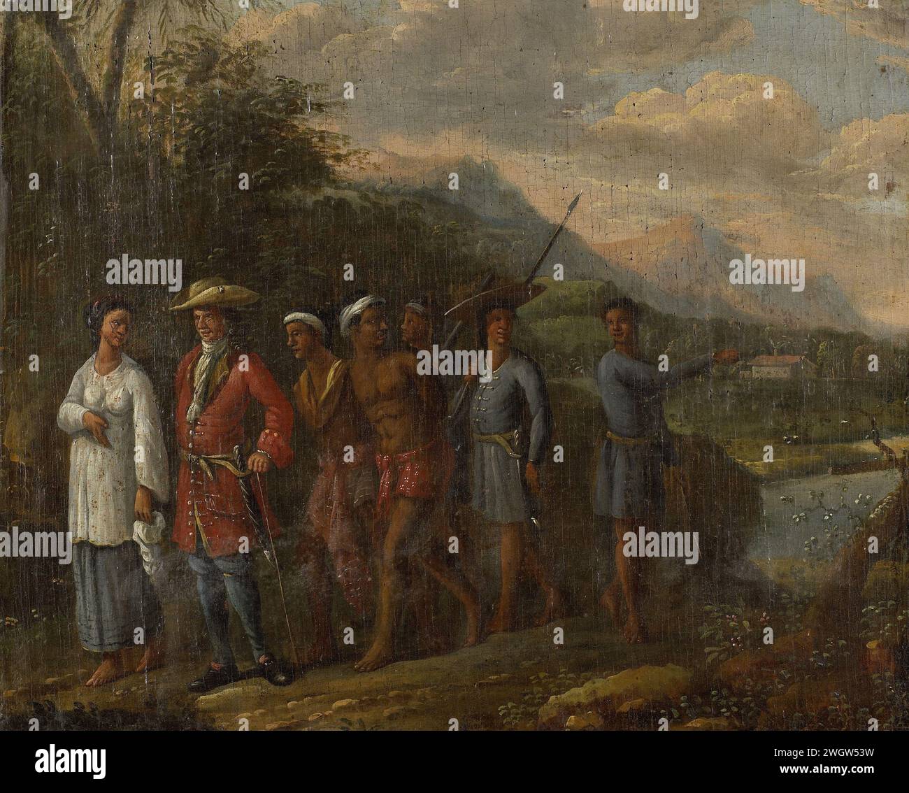 Mercante olandese con due uomini schiavi a Heuvellandschap, 1700 - 1725 dipingendo Un uomo olandese e una donna asiatica a camminare fianco a fianco, seguito da due uomini affascinati realizzati. La donna indossa un sarong e una kebaja e tiene un panno nella mano sinistra. L'uomo indossa una giacca rossa lunga al ginocchio chiamata Justaucorps in Europa. I sacchi in posizione molto bassa (valvole tascabili) sono tipici della moda all'inizio del XVIII secolo. Gli ampi polsini posteriori che spesso hanno questi tipi di giacche, mancano qui. L'uomo indossa una cintura intorno alla vita su cui è appesa una spada corta. Sotto la giacca porta un lungo indaco Foto Stock