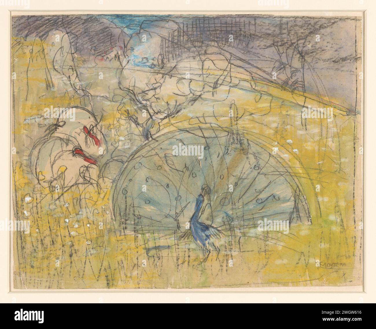 Mostra Pauw e due tacchini, Theo van Hoytema, 1873 - 1917 carta da disegno. gesso. pennello per acquerello (vernice) uccelli ornamentali: pavone. walker e runner birds: turchia Foto Stock