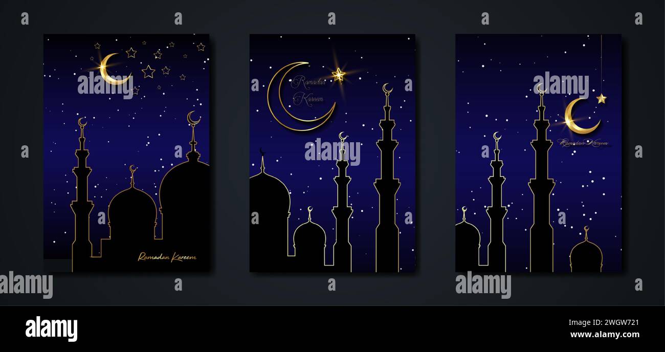 Scheda nera con set vettoriale Ramadan Kareem 2024. Mezza luna dorata su sfondo blu stellato. Poster delle vacanze dorate con testo, simbolo islamico. Concetto musulmano Illustrazione Vettoriale