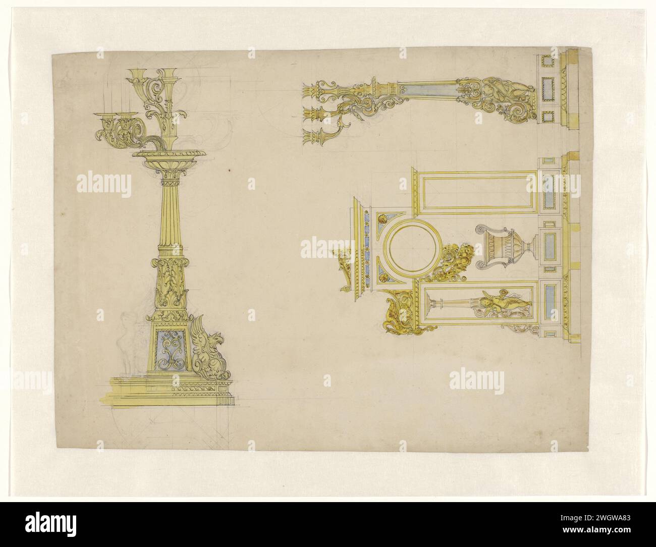 Disegno per pendolo e due candelabri, Adrien Louis Marie Cavelier (attribuito a), c. 1825 - c. 1835 carta di Parigi. matita. inchiostro. Orologio pennello/penna acquerello. Lampadario, un candelabro. ornamento  candeliere Foto Stock