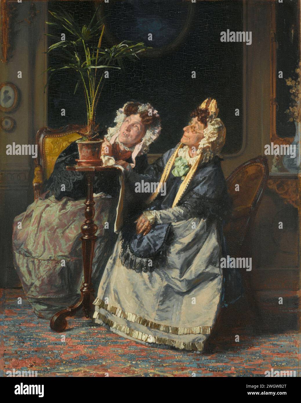 Sotto le palme, Alexander Hugo Bakker Korff, 1880 presentazione di pittura dal titolo "sotto le palme". Due signore più anziane sono sedute a un tavolo e ammirano la pianta di palma sul tavolo. pannello. vernice a olio (vernice) piante in vaso. vecchia donna Foto Stock