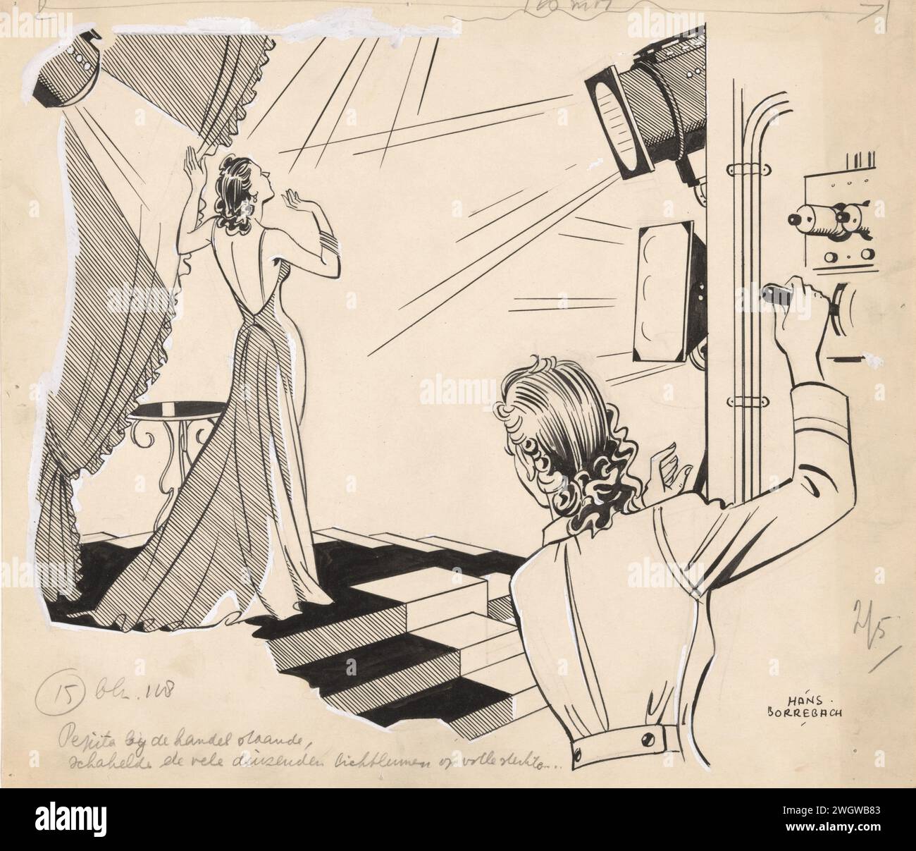 Pepita usa un interruttore di luce in un palco, in o prima del 1948 disegnando Pepita si trova in un interruttore di luce accanto a un palco con una giovane donna in un abito da sera. Spinge la leva verso il basso in modo che la donna sia in piena luce. carta. Inchiostro India (inchiostro). vernice del ponte. installazione elettrica pennarello/pennello, accessori, ad es. presa, spina, interruttore luci, cavo, filo. luci  palco. abito: abito da sera (+ abiti da donna) Foto Stock