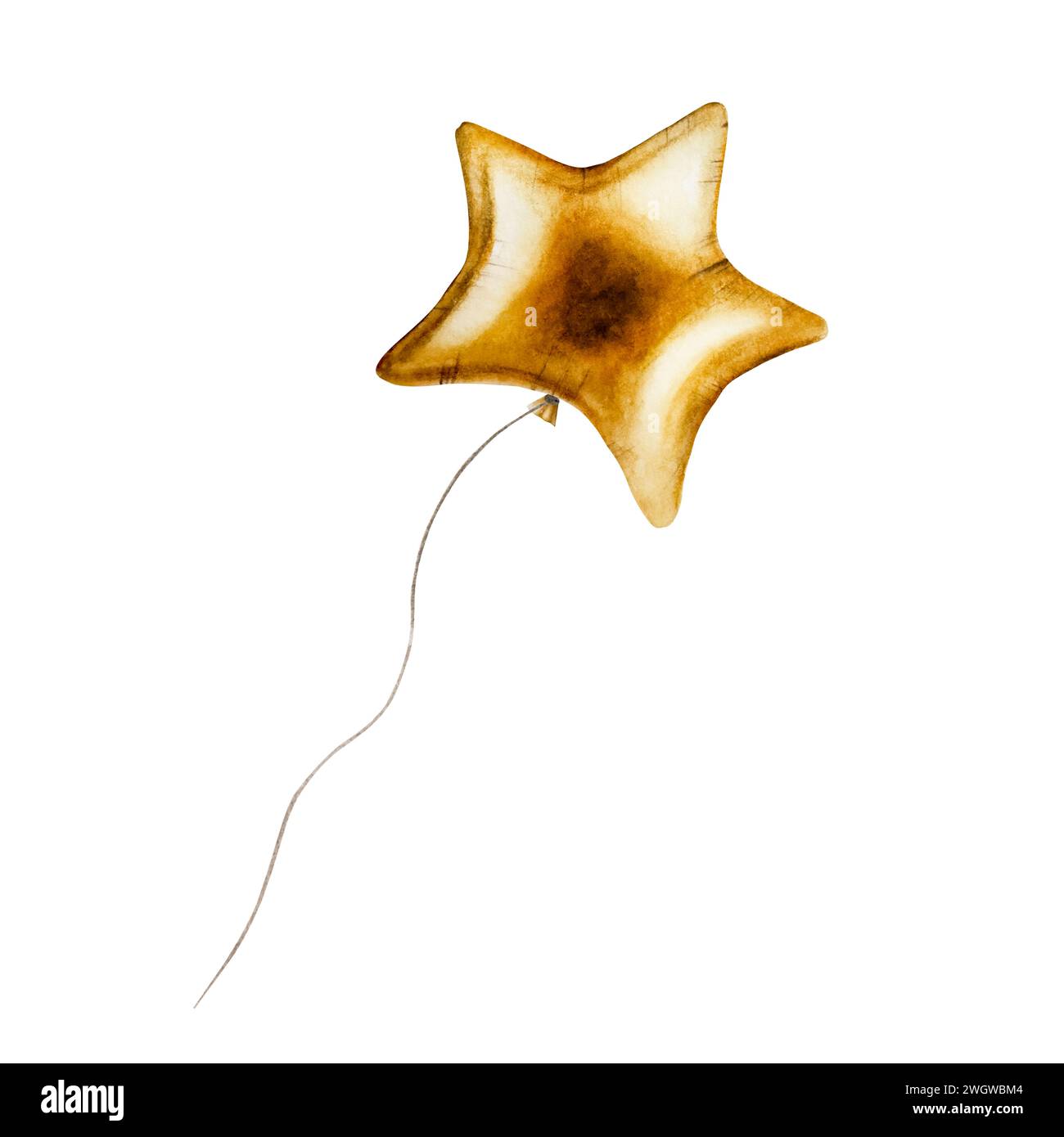 Palloncino a stella in lamina d'acquerello dorata su un filo. Decorazioni per feste e compleanni disegnate a mano su sfondo bianco. Elemento lucido per progettisti, Foto Stock