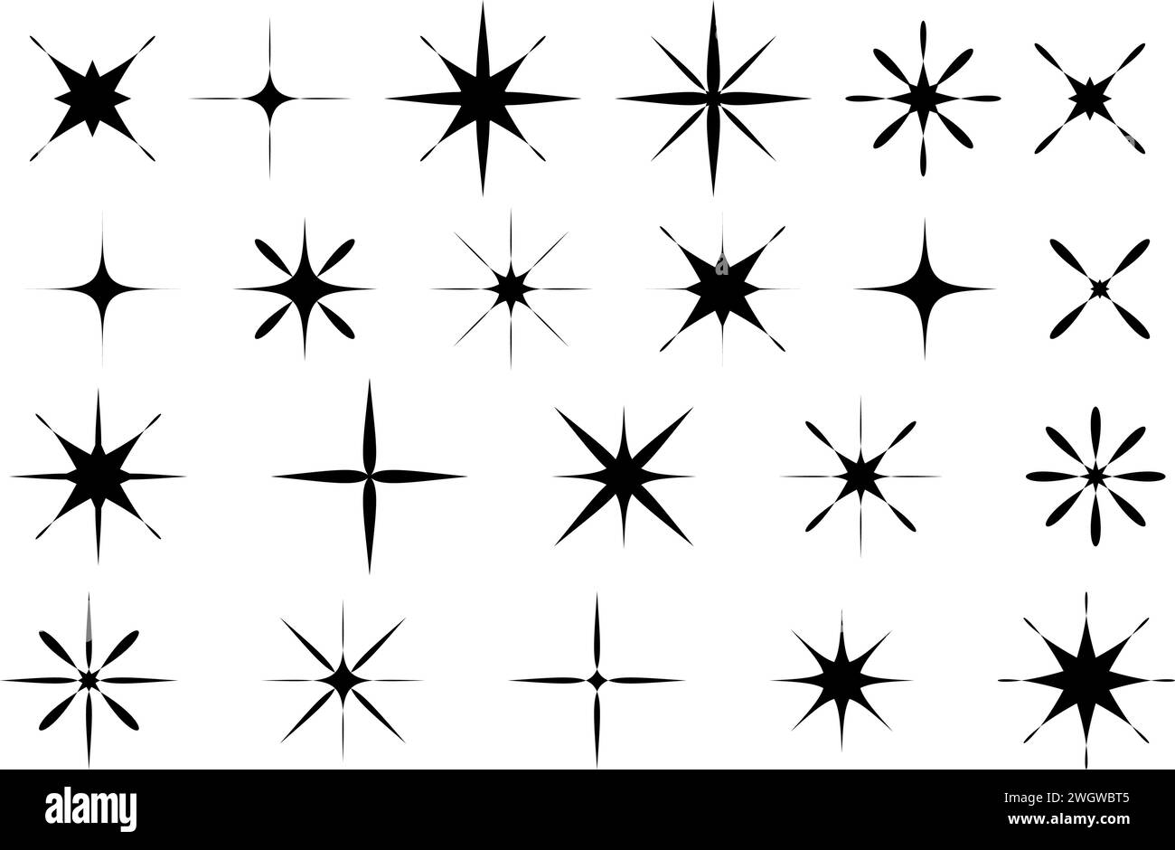 Set di stelle Y2K in stile piatto per un design retrò. Collezione di silhouette nere di stelle. Segni e simboli estetici vintage anni '80, '90 Immagine vettoriale Illustrazione Vettoriale