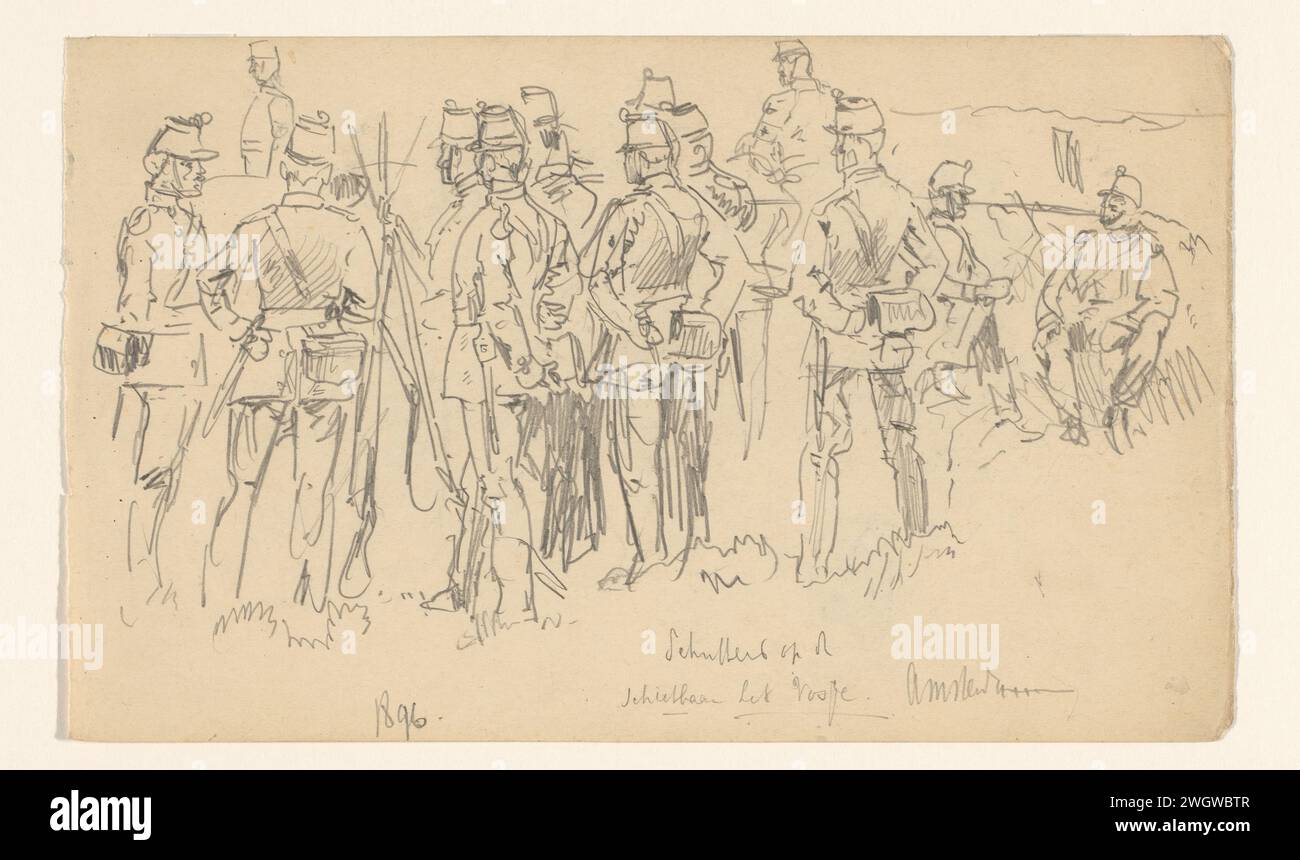 Schutters sul campo di tiro Het Vosje ad Amsterdam, Jan Hoynck van Papendrecht, 1896 carta da disegno. uniformi (militari) a matita. manipolazione di armi - addestramento militare. Armi da fuoco (+ manipolazione delle armi) Amsterdam Foto Stock