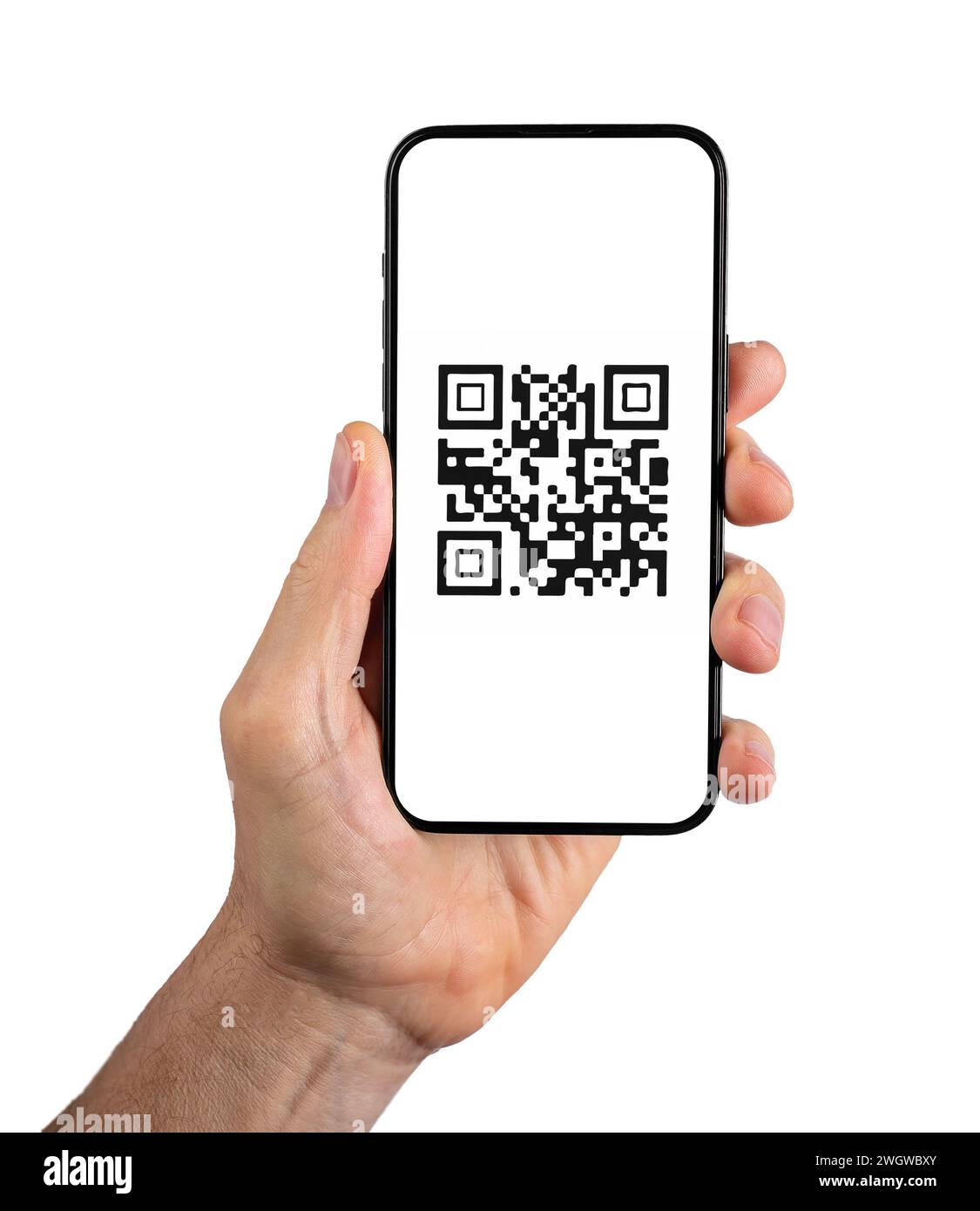 Codice QR sull'app del telefono cellulare. Scanner QRCode, applicazione lettore in mano isolata su sfondo bianco Foto Stock