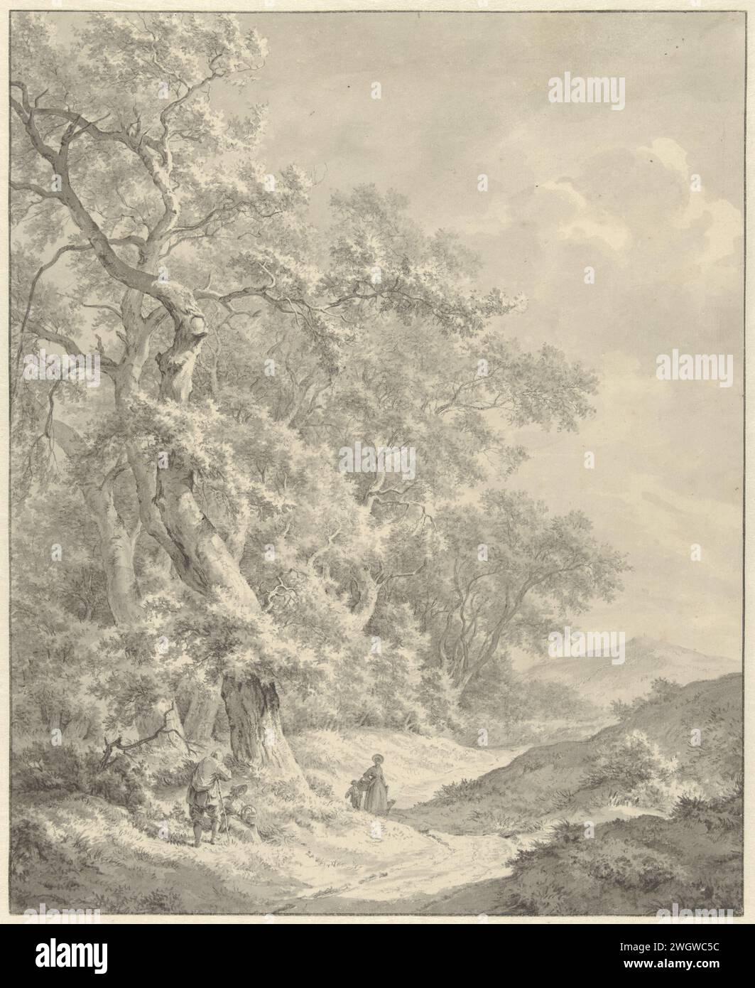 Paesaggio con escursionisti sulla strada lungo la foresta, Franciscus Andreas Milatz, carta da disegno 1774 - 1808. spazzola per gesso Foto Stock