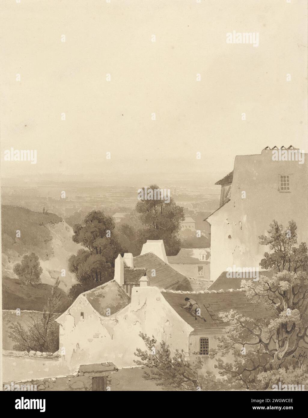 Parigi, vista da Viroflay, Alexis Victor Joly, 1803 - 1874 disegno carta Francia. inchiostro. Penna a matita / pennello villaggio di Parigi. Viroflay Foto Stock