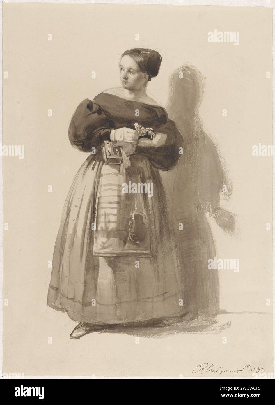 Giovane donna, in viaggio per la chiesa, Reinier Craeyvanger, 1837 carta da disegno. pennello a matita che va in chiesa Foto Stock