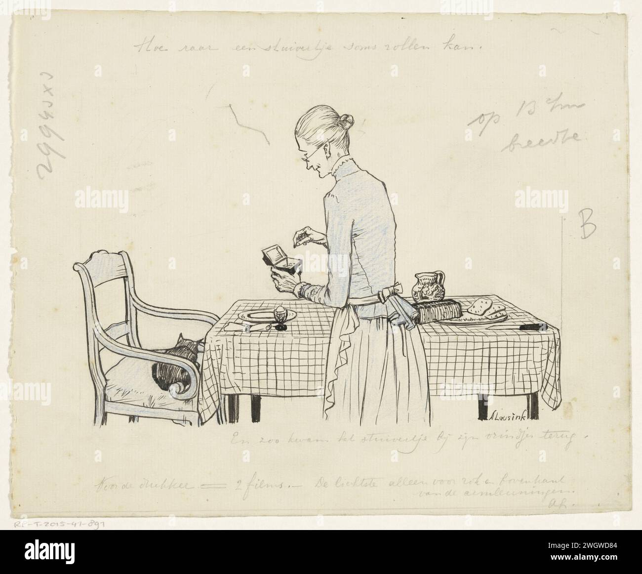 La donna mette un penny in una scatola, Anny Leusink, c. 1920 - c. 1930 disegnare Una donna con gli occhiali e i capelli in un panino si trova a un tavolo. Mette un penny in una scatola. C'è del cibo sul tavolo e un gatto dorme sulla sedia. carta. Inchiostro India (inchiostro). tavolo con penne a matita. figura in piedi (+ donna anziana (essere umano)). soldi. contenitori Foto Stock