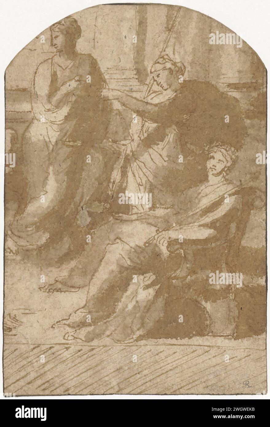 Allegoria della giustizia, Nicolas Poussin, 1637 - 1639 disegnando figura femminile seduta con il personale, affiancato da due donne in piedi. carta. Penna a inchiostro/pennello giustizia, "Justitia"; "Giustitia divina" (Ripa)  una delle quattro virtù cardinali Foto Stock