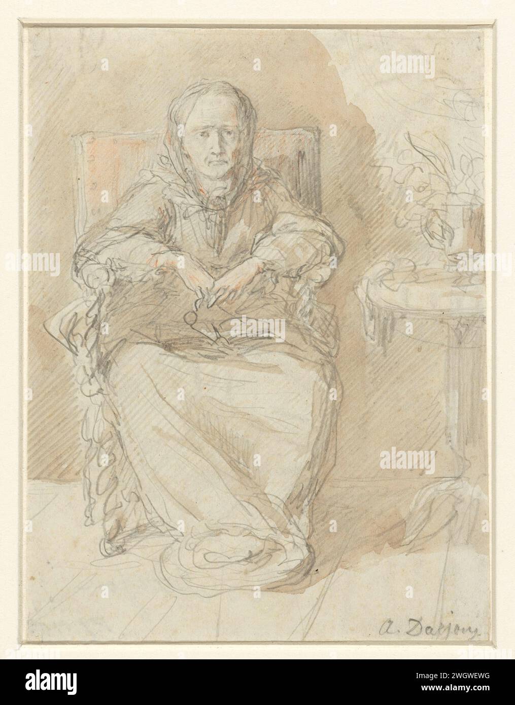 Seduto signora anziana accanto a un tavolo, Alfred Darjou, 1842 - 1874 disegnando una vecchia signora seduta, con un tavolo accanto a se stesso un vaso di fiori. carta. matita. gesso spazzolare vecchia donna. Figura seduta - AA - figura umana femminile Foto Stock