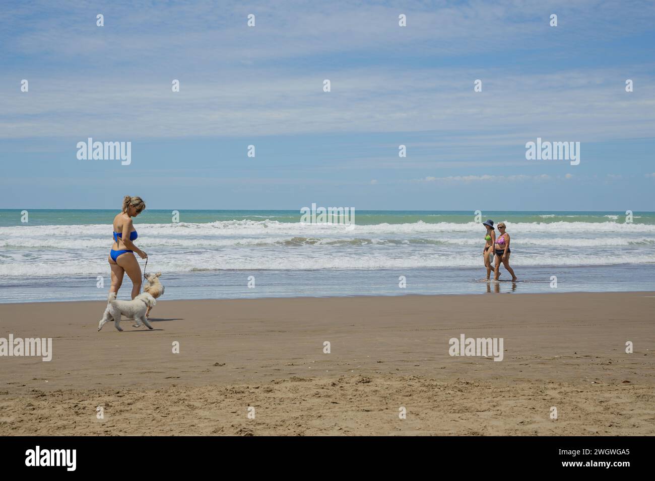 Mar del Plata, Argentina - 15 gennaio 2024: Le persone camminano lungo la spiaggia del porto di Mar del Plata. Foto Stock