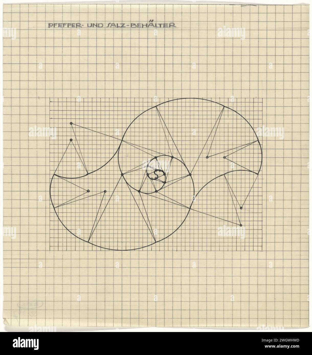 Progetto per un serbatoio di sale e pepe, Mathieu Lauweriks, carta da disegno 1874 - 1932. inchiostro. penna a matita, cantina di sale, agitatore di sale. scatola delle spezie Foto Stock