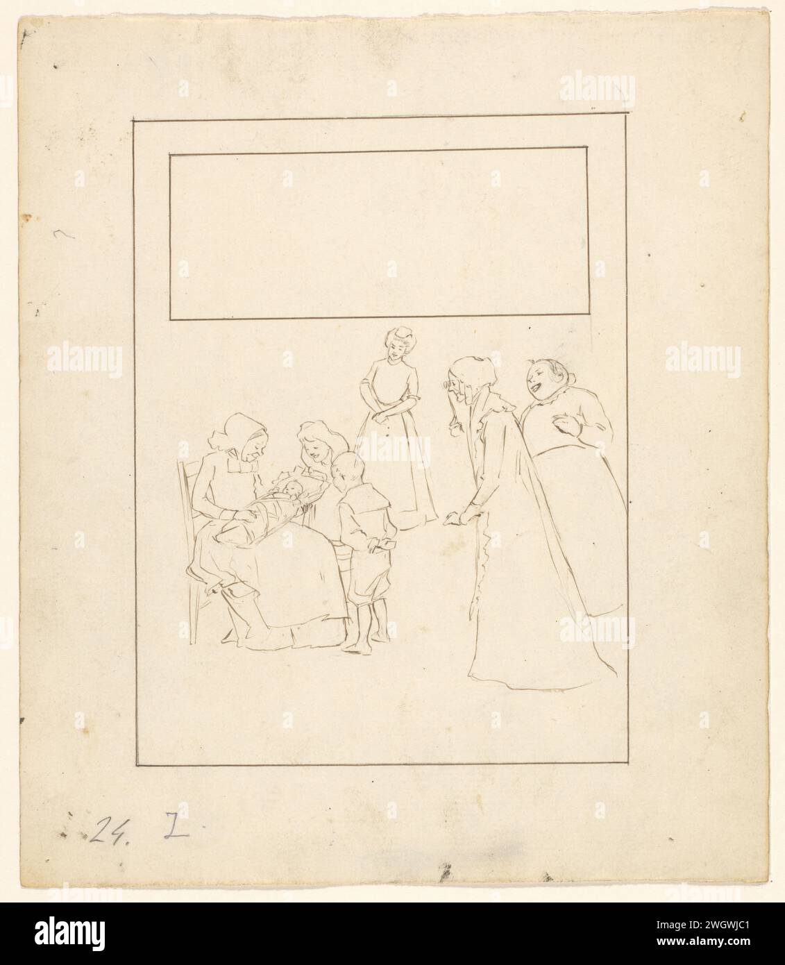 L'azienda ammira un bambino, anonimo, c. 1880 - c. 1910 disegnando tre donne, un ragazzo e una ragazza ammirano un bambino che è tenuto da una donna seduta su una sedia. carta. inchiostro. penna a matita, neonato Foto Stock