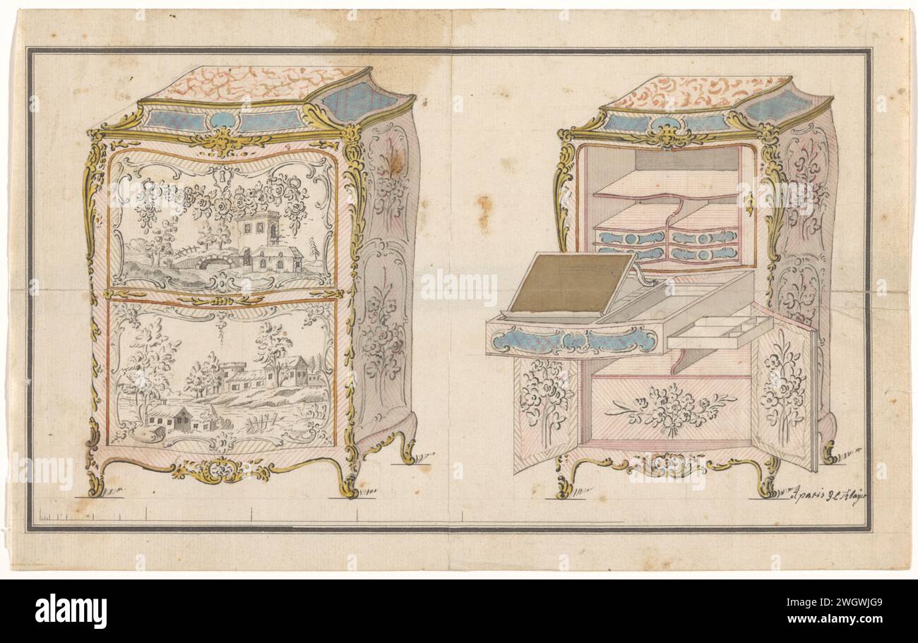 Due segretari, J.L.Th. Baijer, c. 1760 - c. 1765 disegnando Una segretaria, decorata sul fronte con paesaggi e sul lato con fiori, con pastella in bronzo dorato e una foglia di marmo, con una più stretta e correlata segretaria in stato aperto. Indicazione di misurazione lungo il fondo. Giornale di Parigi. pennello/penna in grafite (minerale) Foto Stock