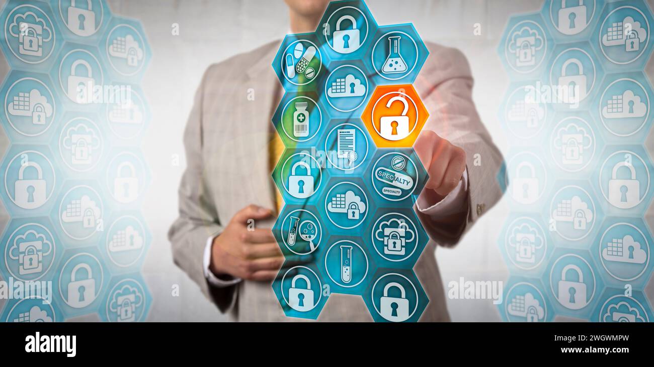 Un dirigente farmaceutico irriconoscibile accede in modo sicuro a un dato senza modificarlo. Concetto IT farmaceutico per la gestione del ciclo di vita delle informazioni Foto Stock