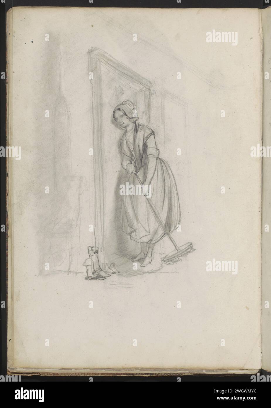 Donna con una scopa in una porta, 1837 - 1881 c'è un paio di scarpe accanto alla porta. Pagina 28 verso da un bozzetto con 33 fogli e 10 disegni separati. carta. porta aperta a matita. pulizia ( pulizia della casa) Foto Stock