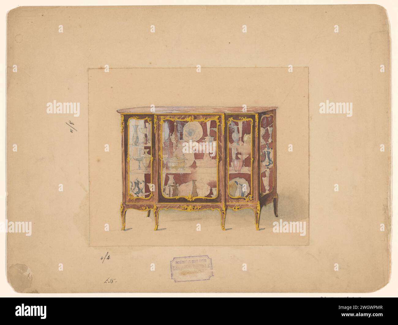 Mobili Vitrine in stile rococò, con impasto in bronzo dorato e un foglio di marmo, Louis Majorelle (laboratorio o), c. 1885 - c. 1895 carta Nancy. cartone. grafite (minerale). penna/pennello a inchiostro Foto Stock