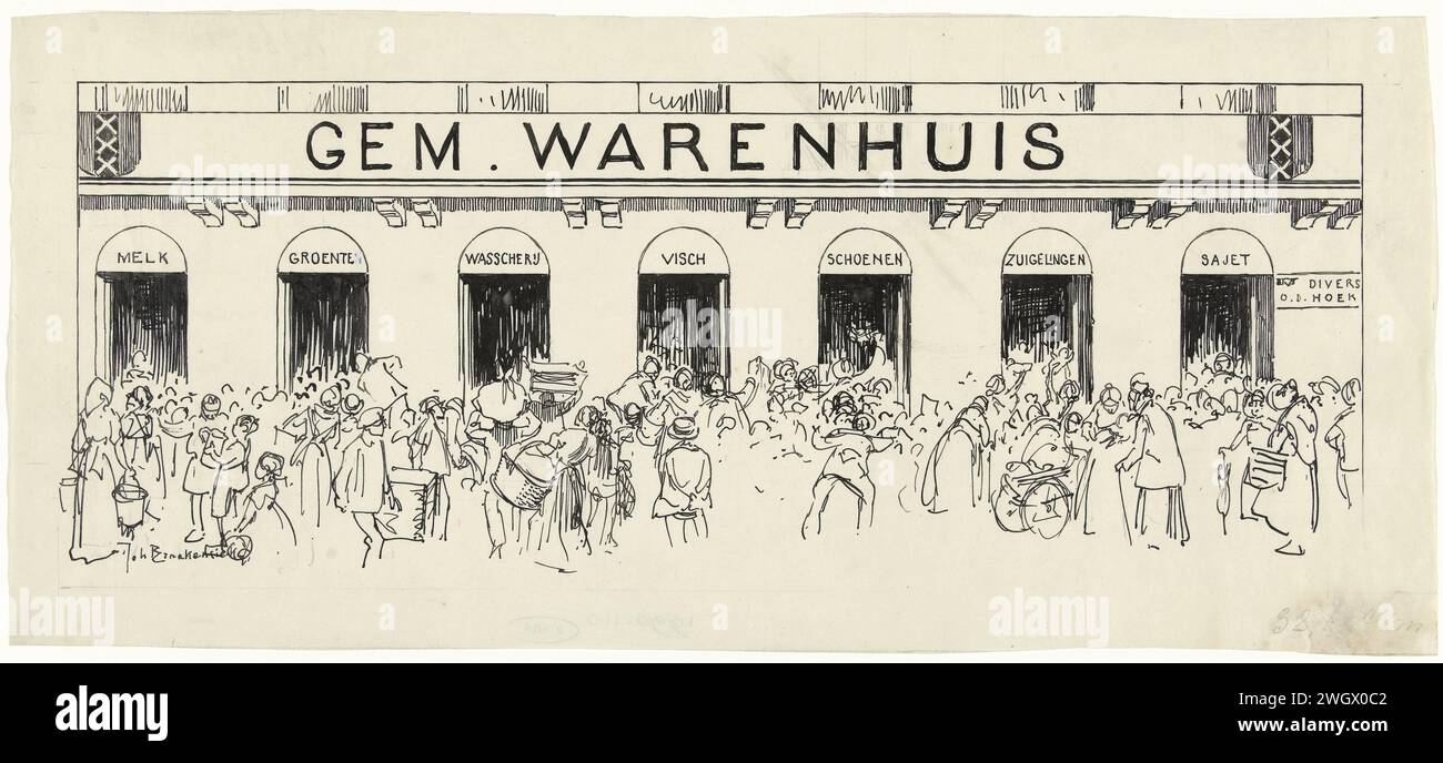 Design per illustrazione nell'Amsterdammer: Gente affollata per la gemma. Department store (26 giugno 1920), Johan Braakensiek, 1920 Drawing Design for Illustrations in the Amsterdammer: Crowded People for the Gem. Grande magazzino con, tra le altre cose, un "reparto neonati" (26 giugno 1920). Progettare una stampa. carta. inchiostro. penna a matita caricature politiche e satire. eventi e situazioni storiche Foto Stock