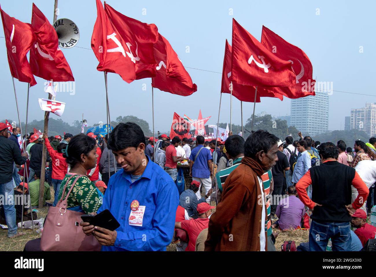 Kolkata Bengala Occidentale, India,7 gennaio 2024:Brigata Insaaf chiamata dall'ala giovanile del CPIM Federazione Democratica Giovanile dell'India (DYFI). Foto Stock