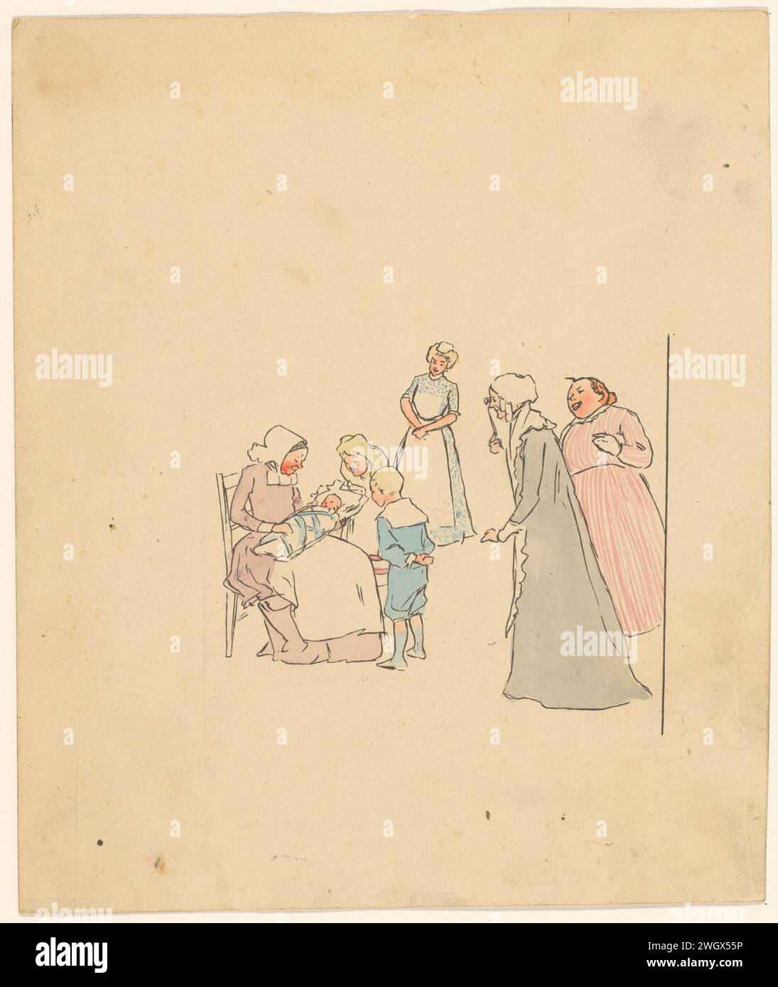 L'azienda ammira un bambino, anonimo, c. 1880 - c. 1910 disegnando tre donne, un ragazzo e una ragazza ammirano un bambino che è tenuto da una donna seduta su una sedia. carta. Inchiostro India (inchiostro). pennarello per acquerelli (vernice), neonati, neonati Foto Stock