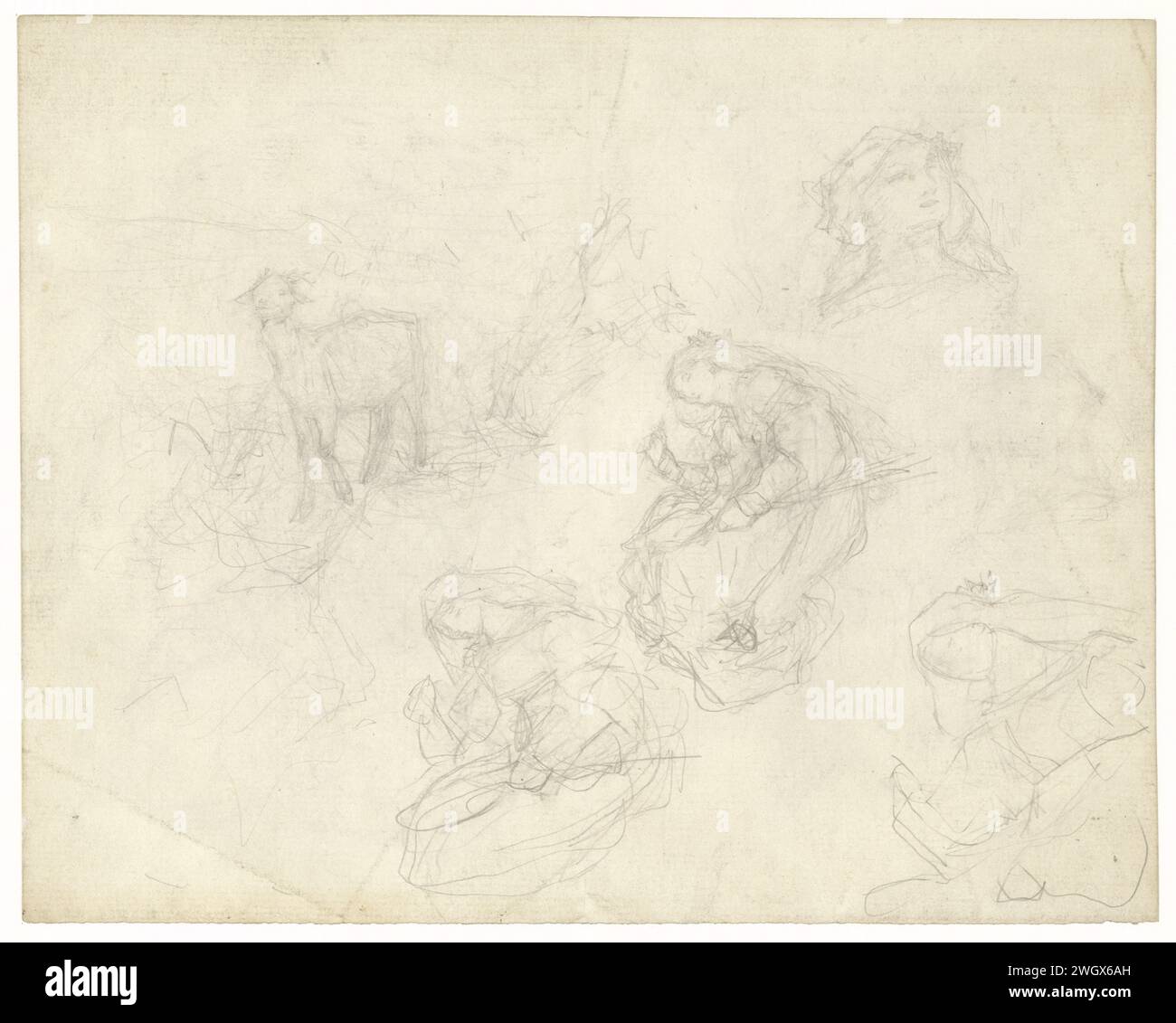 Tre studi per un paesaggio con una ragazza e due capre, Matthijs Maris, 1849 - 1917 carta da disegno. matita Foto Stock