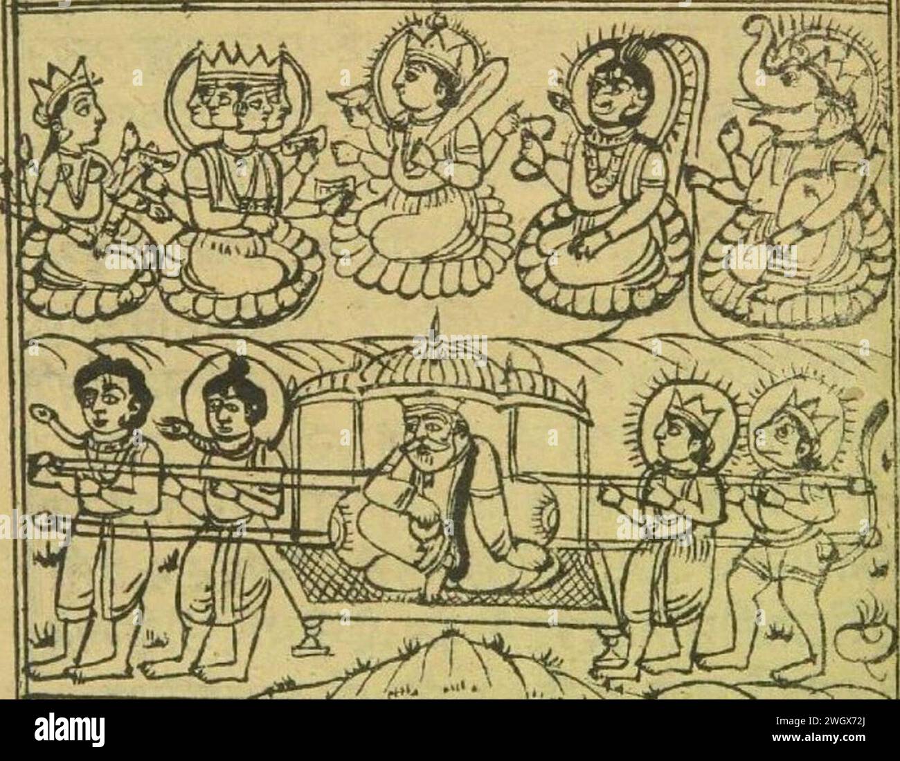 Opera d'arte tratta da un foglio di un manoscritto Janamsakhi che raffigura Guru Nanak trasportato a Sachkhand (regno celeste) da divinità indiane, mentre altre divinità sopra venerano Guru Nanak. Foto Stock