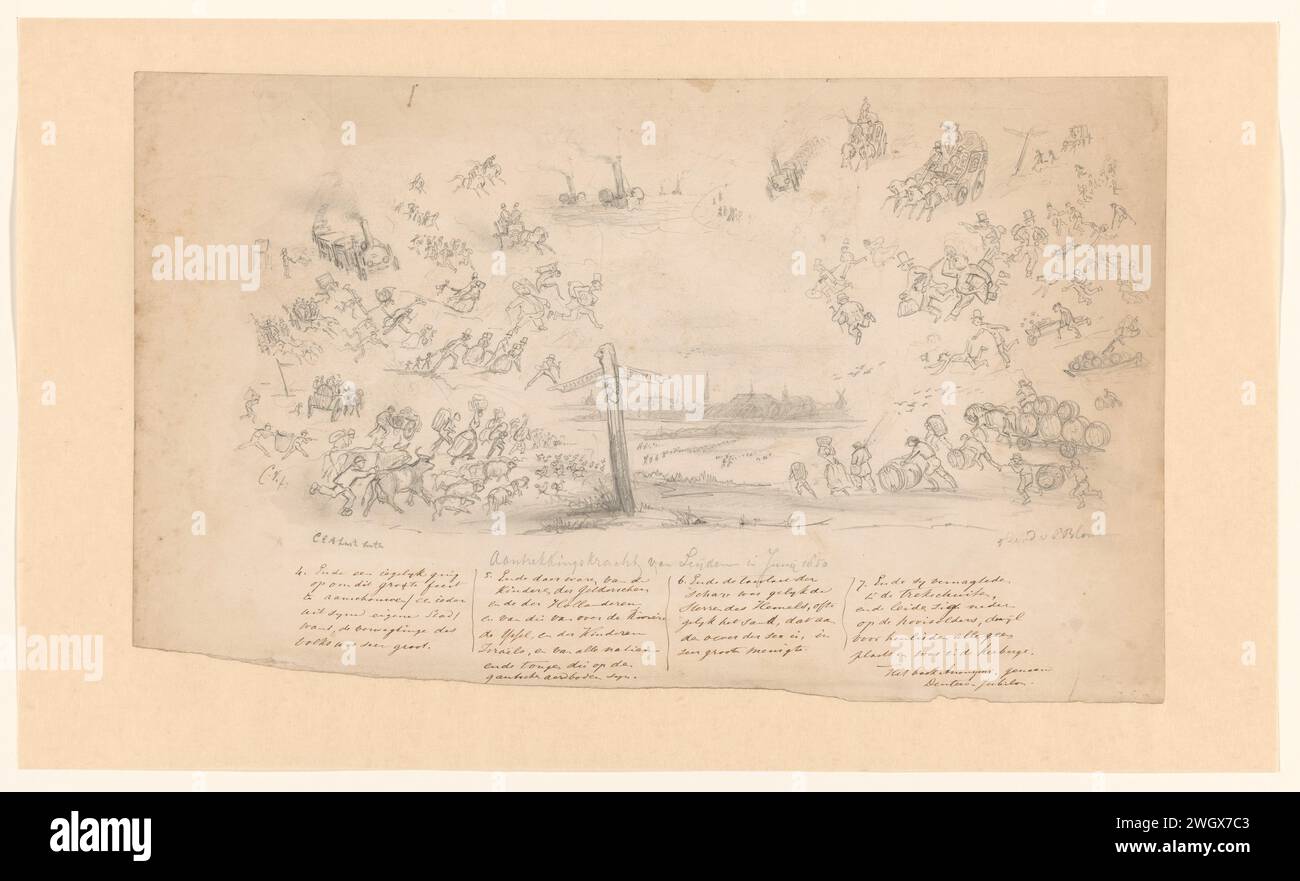 Design per Almanakprent: Attraction of Leyden in Junij 1850, Carel Vosmaer, 1836 - 1888 Drawing Design for a print. carta. inchiostro. penna a matita all'università. nomi di organizzazioni, aziende, sindacati, ecc. Eventi storici e situazioni Università di Leida. Per guidare Foto Stock