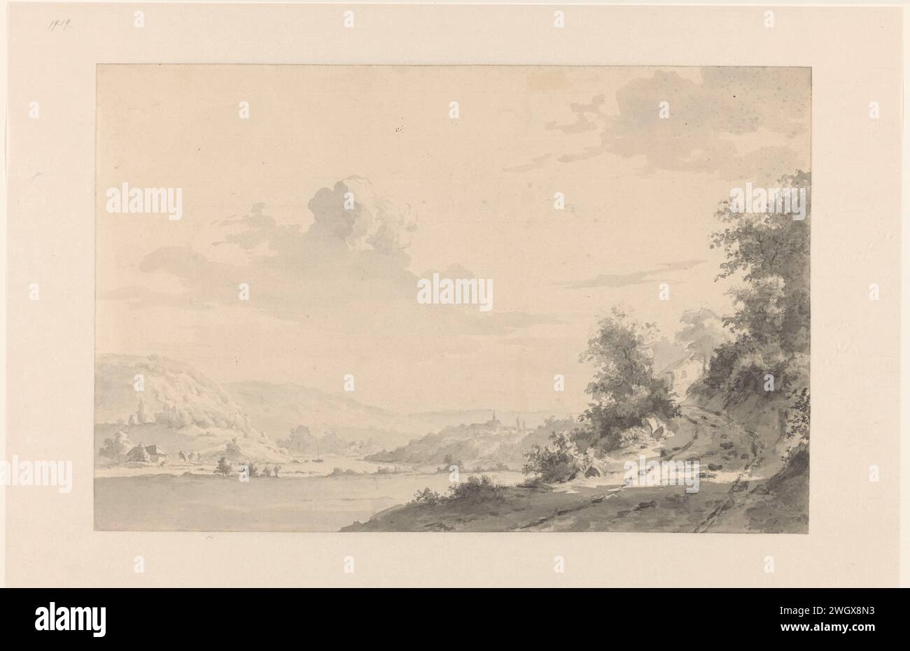 Paesaggio fluviale vicino a Mühlheim sulla Ruhr, George Andries Roth, 1819 - 1887 carta da disegno. Fiume Mülheim an der Ruhr. Ruhr Foto Stock