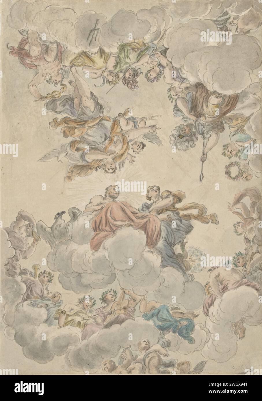 Progetto per un soffitto con il matrimonio di Giove e Giunone, Petrus Norbertus van Reysschoot, c. 1748 - c. 1795 disegno disegno per un dipinto a soffitto. carta. l'acquerello (pittura) pennello Giove e Giunone come re e regina del cielo Foto Stock