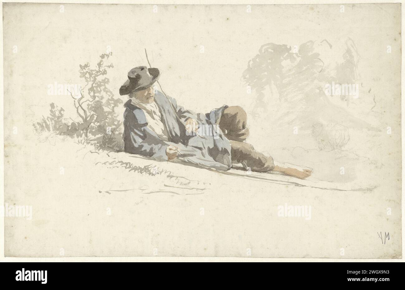 Sul pavimento, uomo riposante, Anton Mauve, 1848 - 1888 carta da disegno. spazzola per gesso / spazzola / spazzola Foto Stock