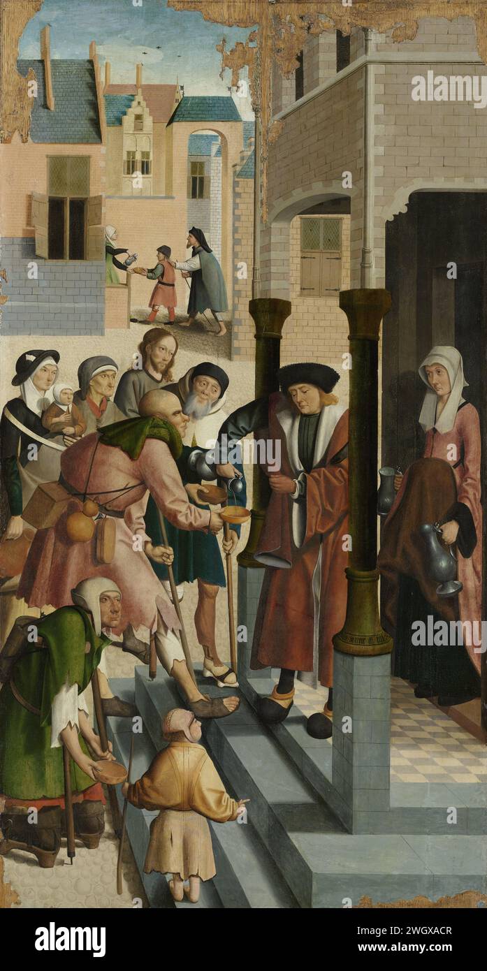 Le sette opere della Misericordia, Maestro di Alkmaar, 1504 dipingendo le sette opere della Misericordia. 2: Laving the Thirsty. Un uomo riempie una donna di brocche le squame da bere di mendicanti sete e che scoppia sulle scale della loro casa. Cristo è tra la sete. Sullo sfondo un vecchio mendicante guidato da un ragazzo. Parte di una serie di sette dipinti con le esibizioni delle sette opere di misericordia. pannello. Pittura a olio (vernice) dando sete di bere, 'sitiens potatur' ~ uno dei (sette) atti di Misericordia Foto Stock