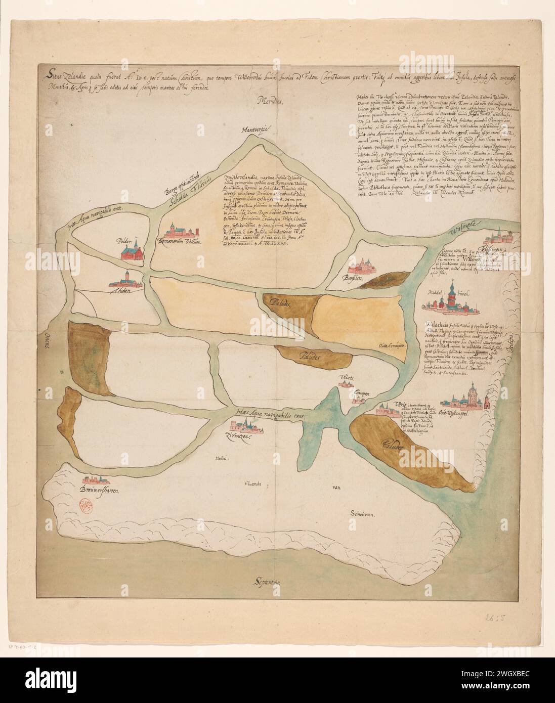 Mappa della Zelanda, 600, Anonimo, 1650 - 1749 disegno Mappa della Zelanda come l'area avrebbe guardato intorno al 600 e quando Willibrord convertì i residenti al cristianesimo. Orientamento: nord sotto. carta. matita. Mappe pennelli/pennelli a inchiostro di paesi o regioni separati della Zelanda Foto Stock