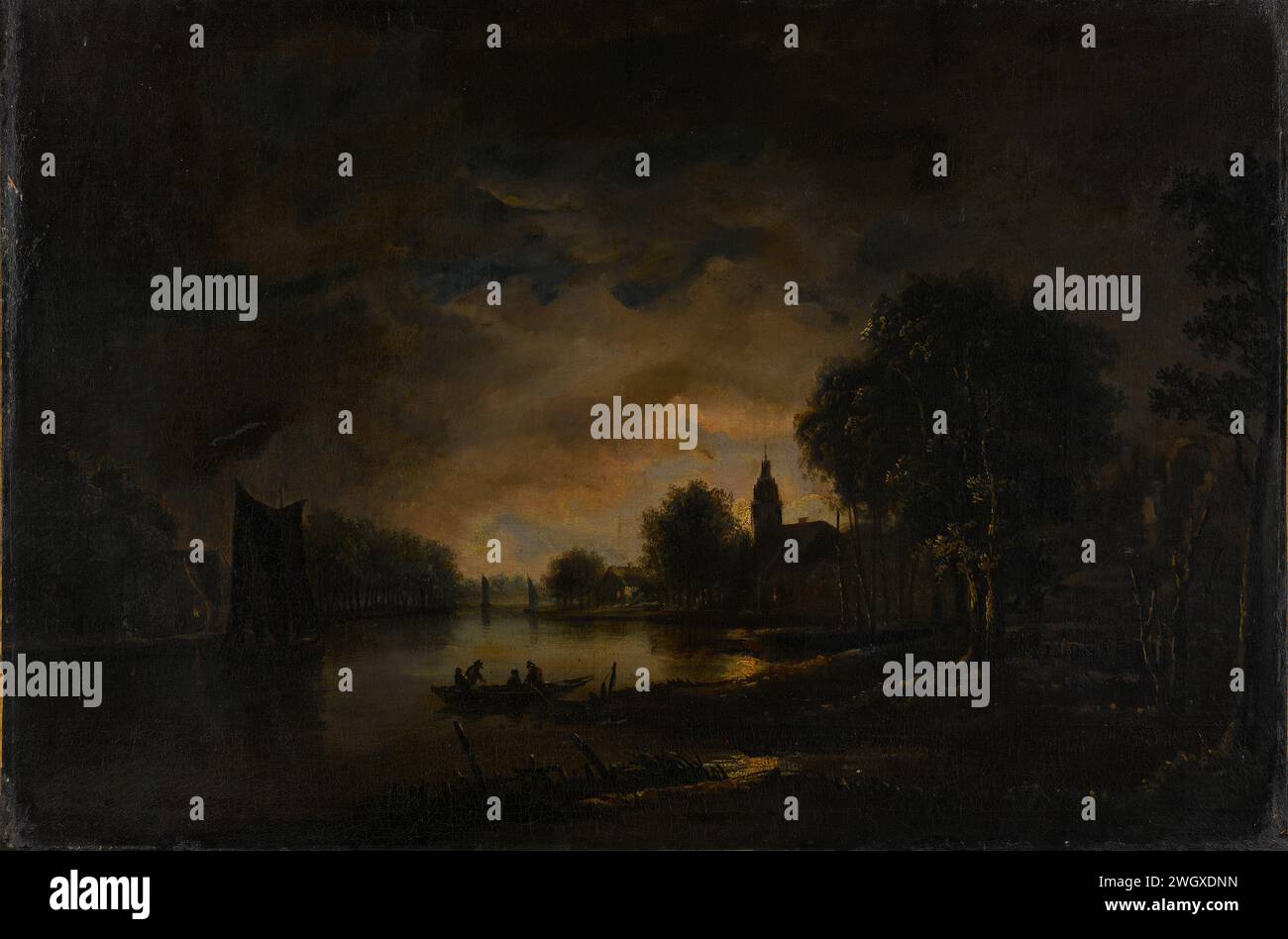 Vista sul fiume al chiaro di luna, Aert van der Neer (modo di), c. 1850 - c. 1875 dipingendo River Face al chiaro di luna. In primo piano quattro figure in una barca, a sinistra una chiatta con le vele. La sagoma della chiesa si erge ferocemente contro il cielo. tela. olio vernice (vernice) fiume. Notte ~ paesaggio (a volte chiamato 'NOx'). chiaro di luna Foto Stock