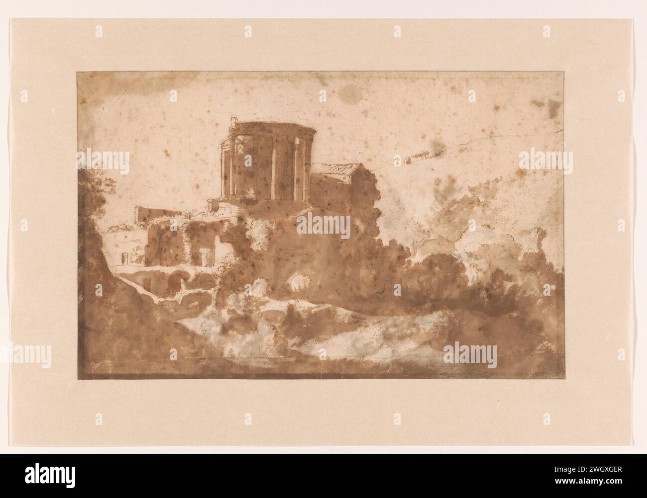 Il tempio dei Sibilli a Tivoli, Cornelis van Poelenburch, 1620 - 1623 disegno carta Tivoli. grafite (minerale). Penna di gesso / spazzola bassa collina paese Tempio della Sibilla. Tivoli Foto Stock