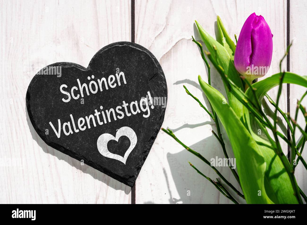 6 febbraio 2024: Buon San Valentino, saluto su un cuore accanto a un FOTOMONTAGGIO rosa tulipano *** Schönen Valentinstag, Gruß auf einem Herz neben einer rosa Tulpe FOTOMONTAGE Foto Stock