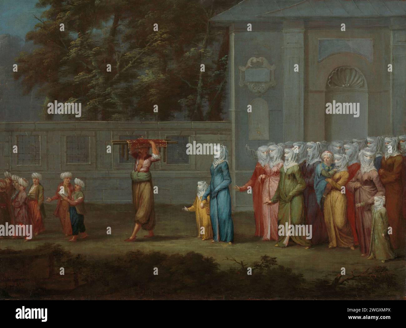 Il primo giorno di scuola, Jean Baptiste Vanmour, c. 1720 - c. 1737 dipingere Un gruppo di donne colorate segue una madre che porta sua figlia a scuola per la prima volta. Un uomo indossa la finestra del ricamo della ragazza. Il ricamo insieme al cucire e fare musica era un passatempo molto popolare per le donne turche nei circoli benestanti, che avevano molti servitori fatti per compiti domestici quotidiani. tela. vernice a olio (vernice) portata a scuola, primo giorno di scuola. madre e figlia (o figlie) (gruppo familiare). Razze e popoli asiatici: Turchi (+ costume). (altre forme di) ricamo, ad esempio: uncinetto, maglieria, Foto Stock