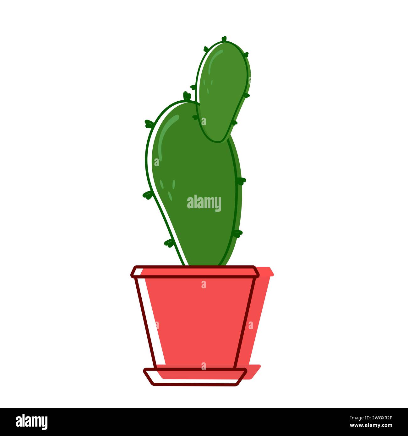 Cactus rosso in pentola rossa con propaggine. La pianta della casa con le punture verdi si trova all'interno di una casa. Vettore. Illustrazione Vettoriale