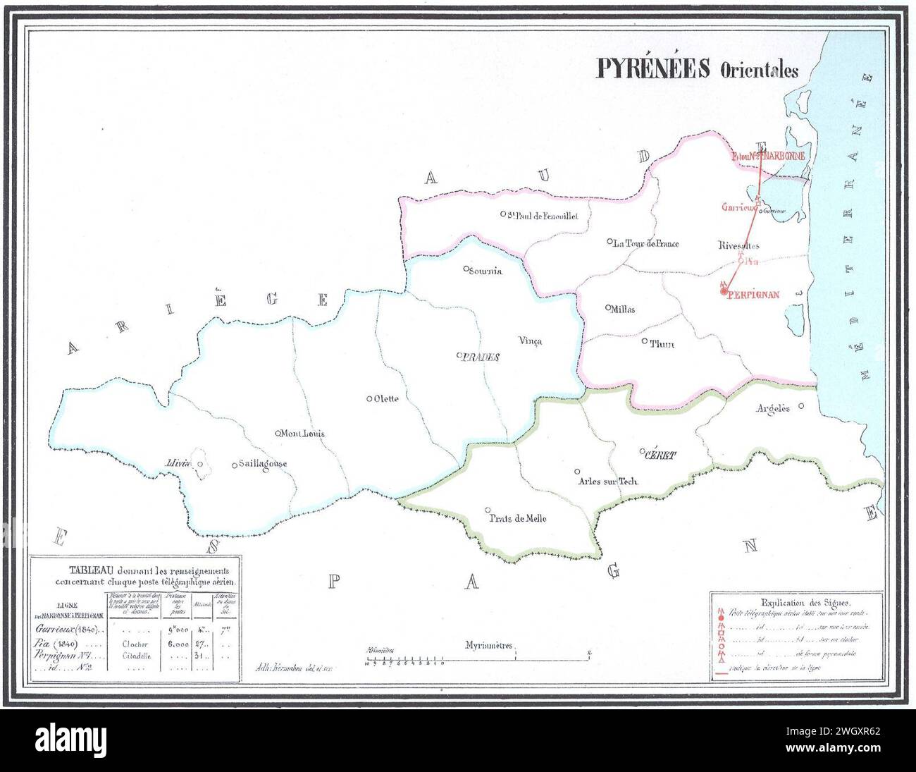 Atlas des lignes télégraphiques aériennes construites en France de 1793 à 1852 - carte 41 - Pyrénées-Orientales. Foto Stock