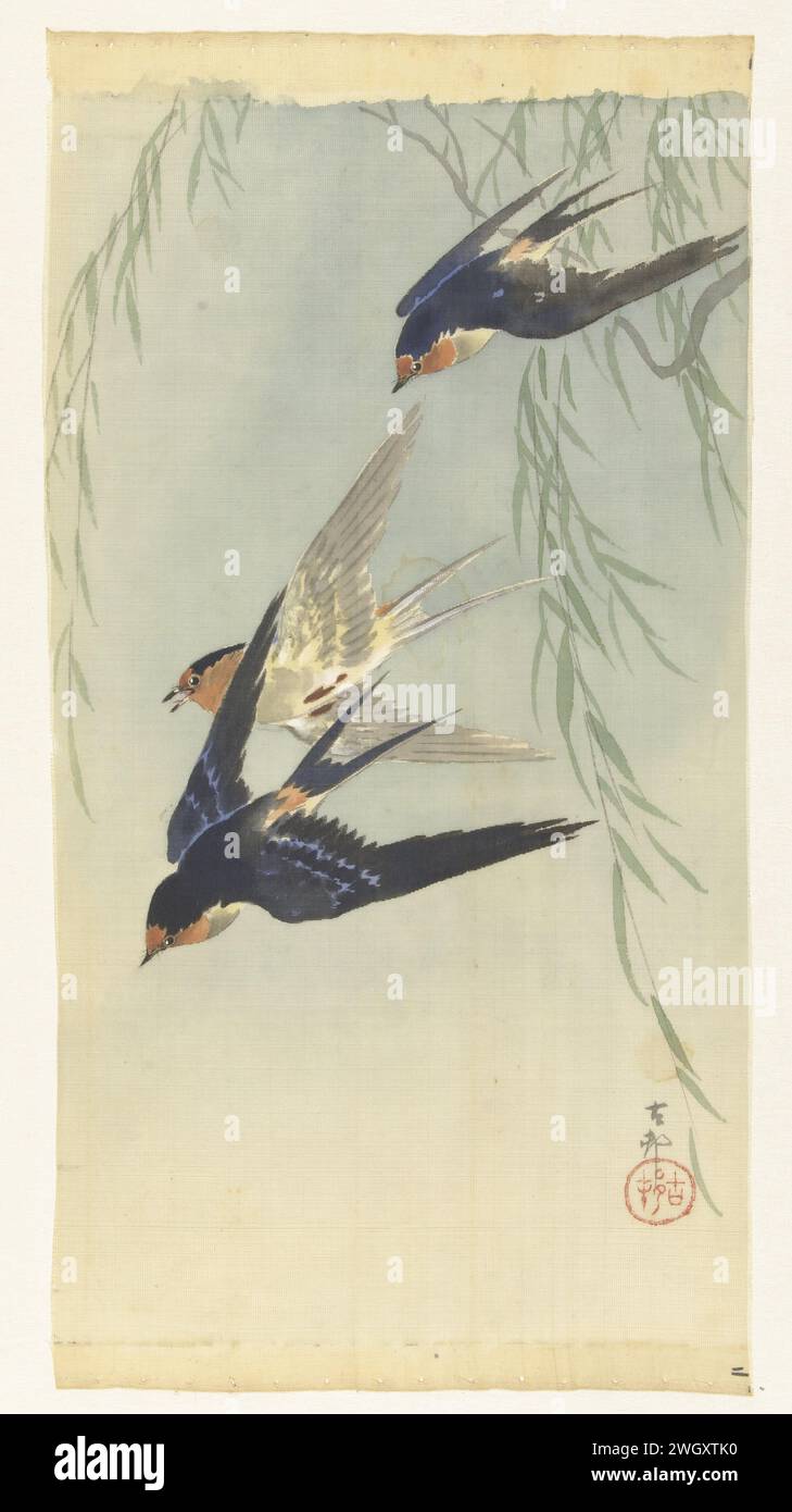 Tre uccelli in pieno volo, Ohara Koson, 1887 - 1945 disegno tre uccelli in pieno volo, disegno disegno per la stampa. Spazzola di carta giapponese (carta fatta a mano) Foto Stock