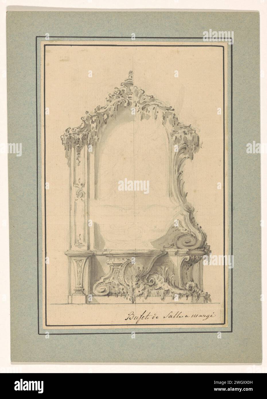 Design disegno buffet con forme rocciose, Guillaume Thomas Raphaël Taraval, c. 1735 - c. 1750 disegno buffet con forme rocciose, la metà sinistra in stile tardo Luigi XIV, la metà destra in stile rococò Parigi (possibilmente) grafite (minerale). inchiostro. spazzola di cartone Foto Stock