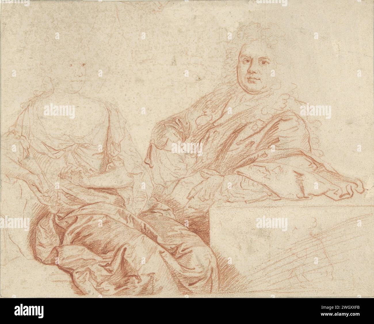Ritratto di Grinling Gibbons e sua moglie, John Closterman, 1670 - 1711 disegno Ritratto di Grinling Gibbons (1648-1720) e sua moglie; seduto semi-figure, solo parzialmente eseguito. carta. Chalk Historical Persons - BB - Woman. persone storiche. ritratto, autoritratto dell'artista Foto Stock