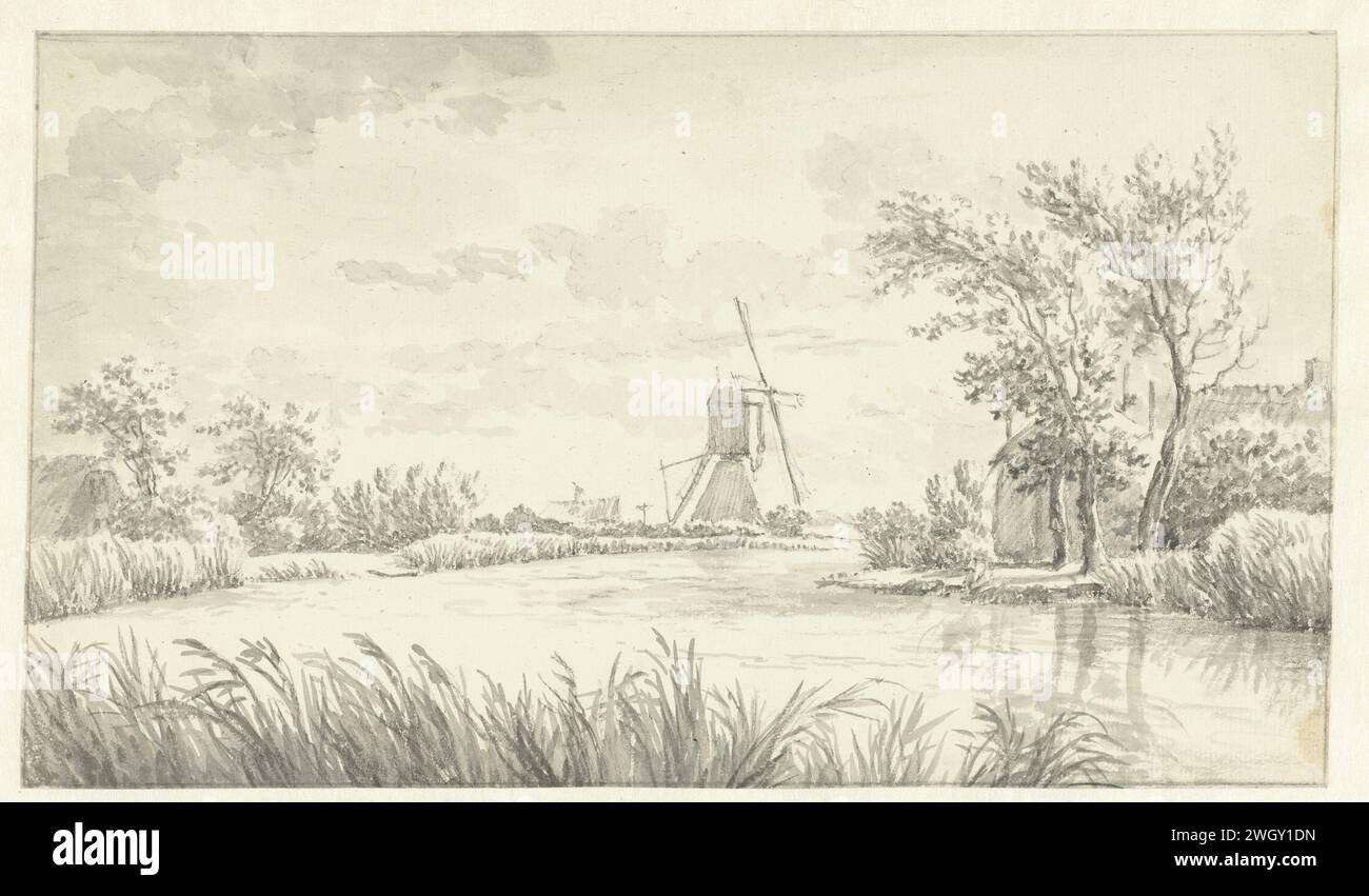 De Kromme Mijdrecht con una falda marina, Egbert van Drielst, 1755 - 1818 carta da disegno. Mulino a vento a spazzola di gesso nel paesaggio Kromme Mijdrecht, il Foto Stock