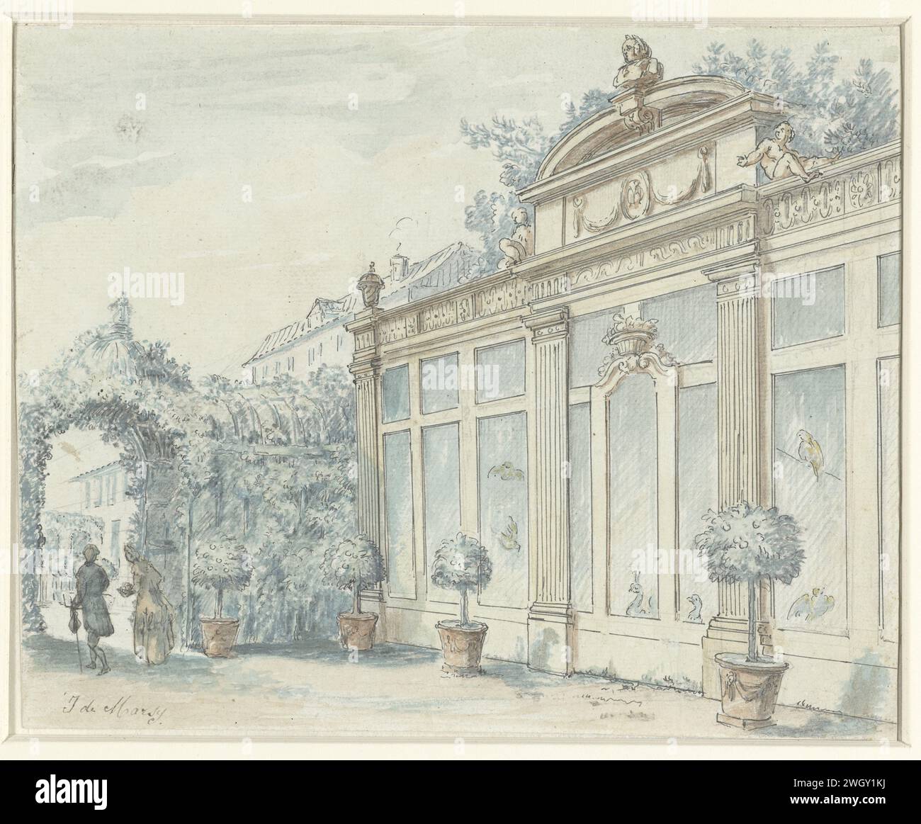 Faccia in un giardino francese con signore e signora, J. de MARSY, 1700 - 1800 disegnare la faccia in un giardino francese, con signore e signora che camminano attraverso un Berceau accanto a una voliera. carta. gesso. acquerello (vernice). inchiostro. pennarelli/pennelli per edifici da giardino Foto Stock