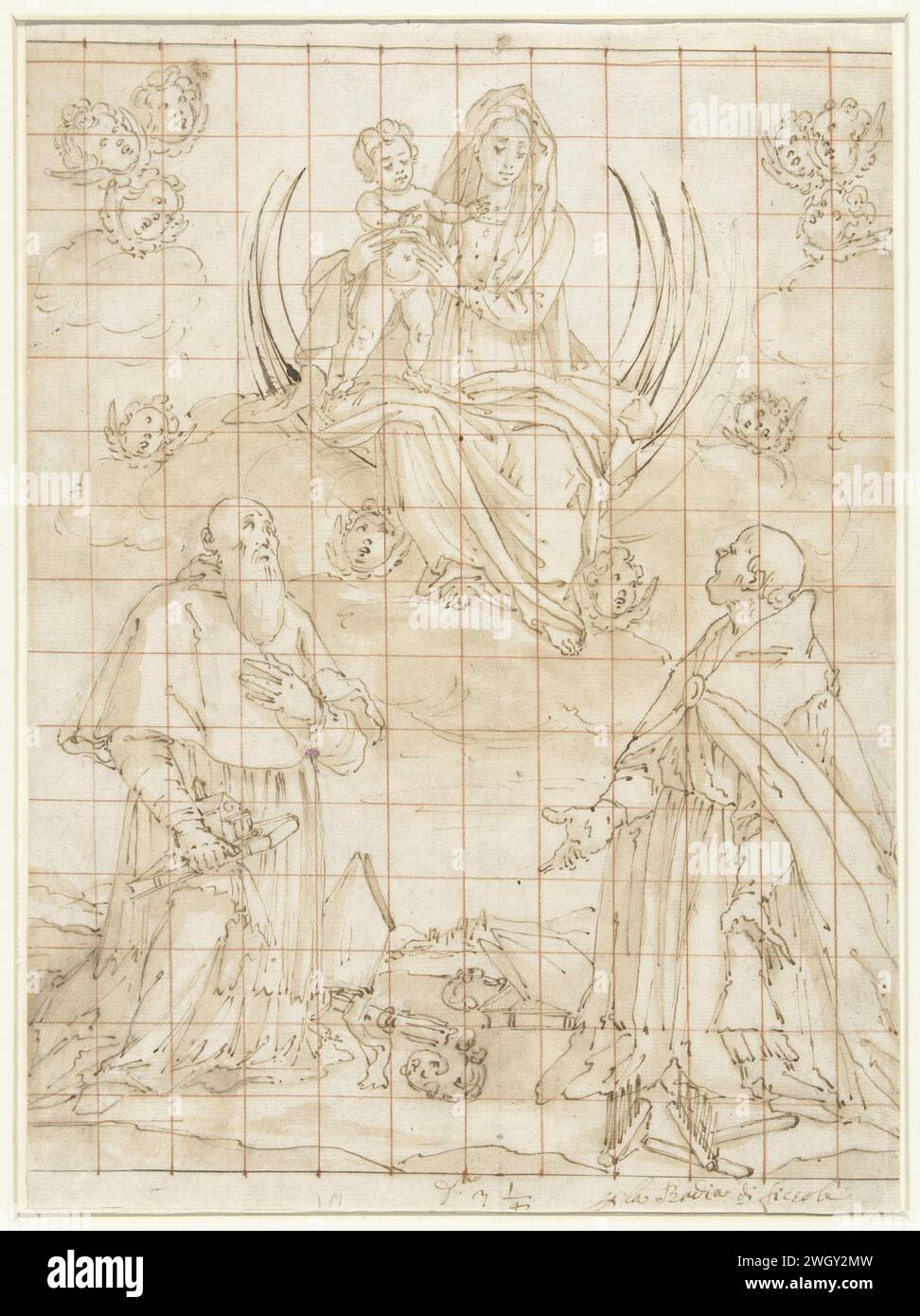 Madonna onorata da due santi, Jacopo da Empoli (Circolo di), 1575 - 1700 disegnando Madonna Tronendo su una mezza luna su nuvole, adorata da due santi (forse il Santo Benedetto o il Santo Frediano), che si inginocchiano di fronte a lei. Disegna per un dipinto. carta. grafite (minerale). gesso. Penna/pennello a inchiostro Benedetto di Nurcia, abate di Monte Cassino e fondatore dell'ordine benedettino; possibili attributi: Aspergillum, libro, tazza (a volte spezzata), corvo con pane, crivello (o vassoio). Madonna accompagnata da santo/i Foto Stock