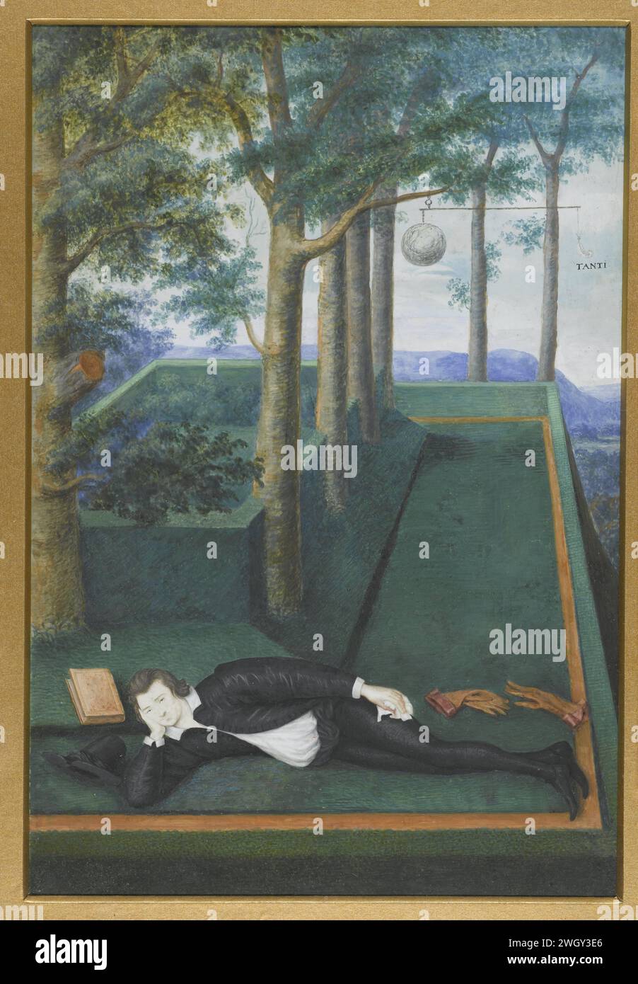 Ritratto di un nobile sdraiato in una corte sovrastata; Ritratto di Henry Percy, IX conte di Northumberland, Nicholas Hilliard, 1590 - 1595 disegno. Miniatura Henry Percy, nono conte di Northumberland (1564-1632), per due giardini recintati. pergamena (materiale animale) pennello persone storiche. giardino. figura mentente Foto Stock