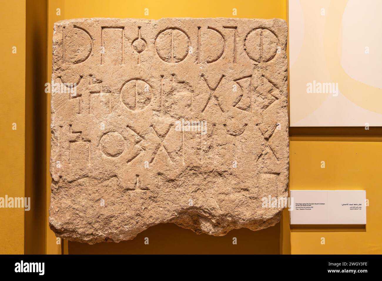 Medio Oriente, Arabia Saudita, Riad. 11 novembre 2023. Incisioni rupestri dell'antica scrittura dell'Arabia meridionale, note come scrittura al-Ahsa. Foto Stock