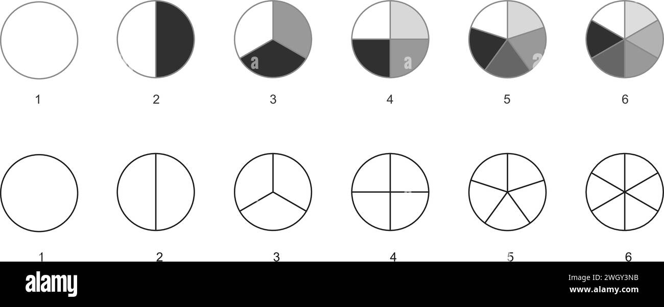 Il cerchio si divide in parti da 1 a 6. Modelli di grafico a torta, pizza o ciambelle. Forme arrotondate tagliate in sezioni uguali. Serie di diagrammi delle ruote isolati su sfondo bianco. Illustrazione del profilo vettoriale Illustrazione Vettoriale